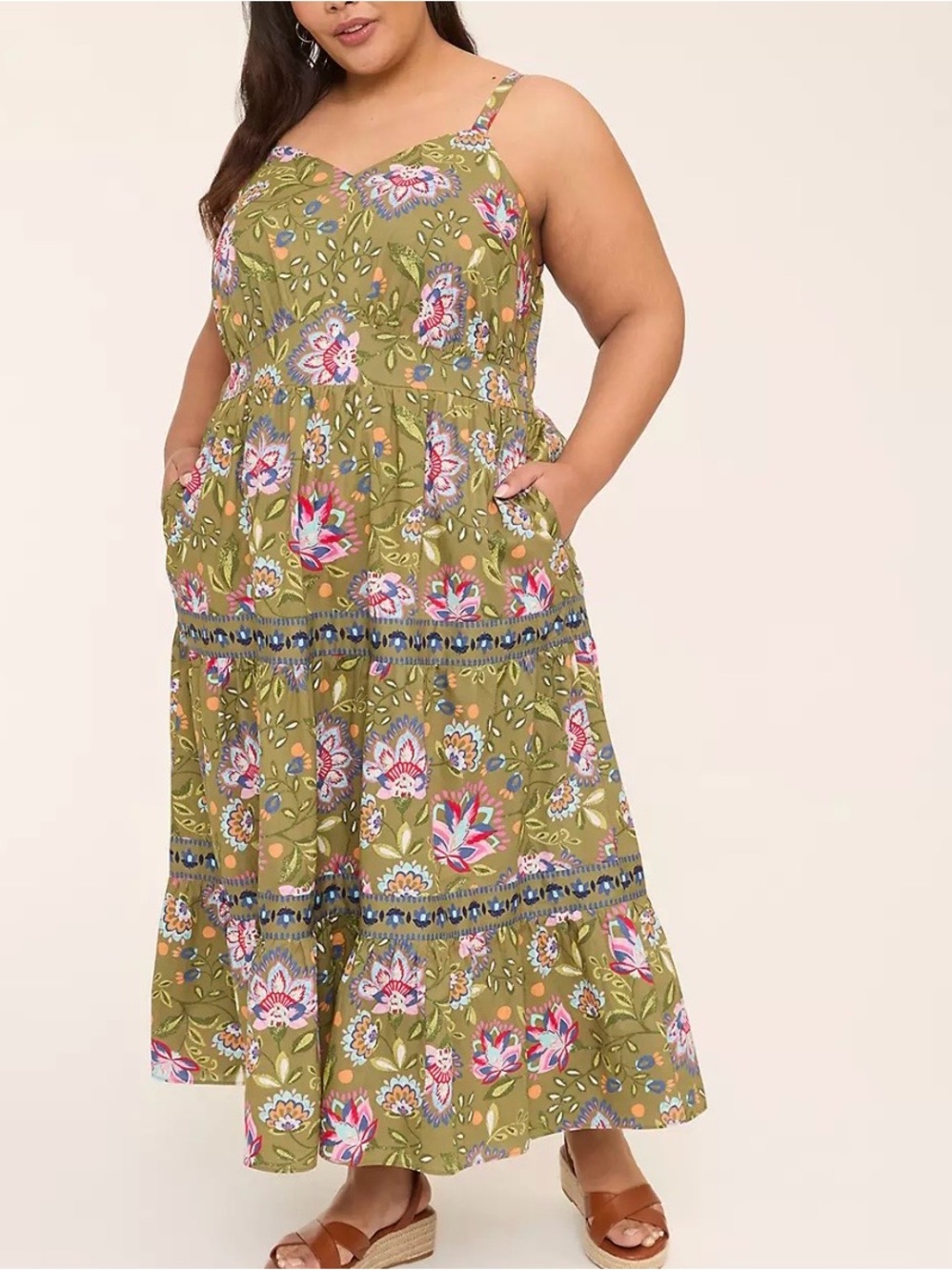 Lane Bryant Size 18 Olive Floral Shirred Bodice Tiered Maxi Sun Dress